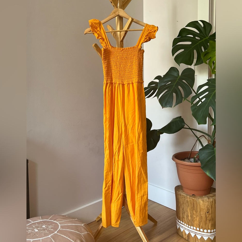 Ruched Yellow Linen Jumpsuit